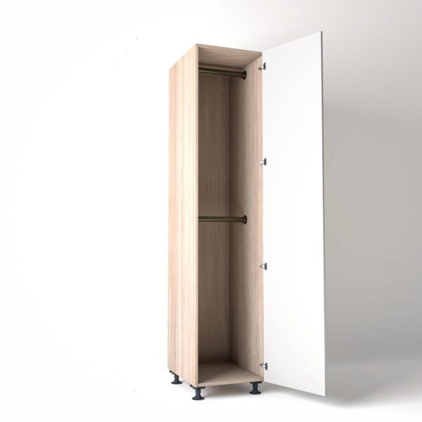 50cm single right-hand door Wardrobe Unit by On-Trend Wardrobes. Light Oak carcass Finish, 2 x hanging rails and white painted door in a white studio setting