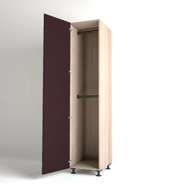 50cm single left-hand door Wardrobe Unit by On-Trend Wardrobes. Light Oak carcass Finish, 2 x hanging rails and wine painted door in a white studio setting