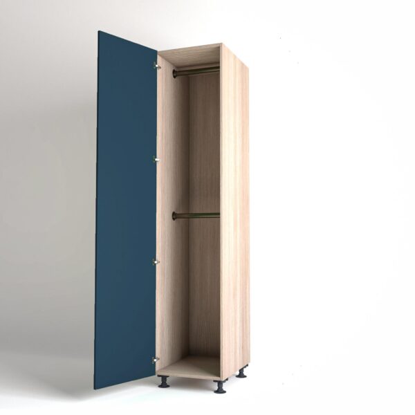 50cm single left-hand door Wardrobe Unit by On-Trend Wardrobes. Light Oak carcass Finish, 2 x hanging rails and blue painted door in a white studio setting
