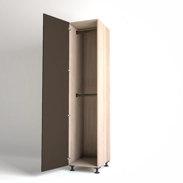 50cm single left-hand door Wardrobe Unit by On-Trend Wardrobes. Light Oak carcass Finish, 2 x hanging rails and clay painted door in a white studio setting