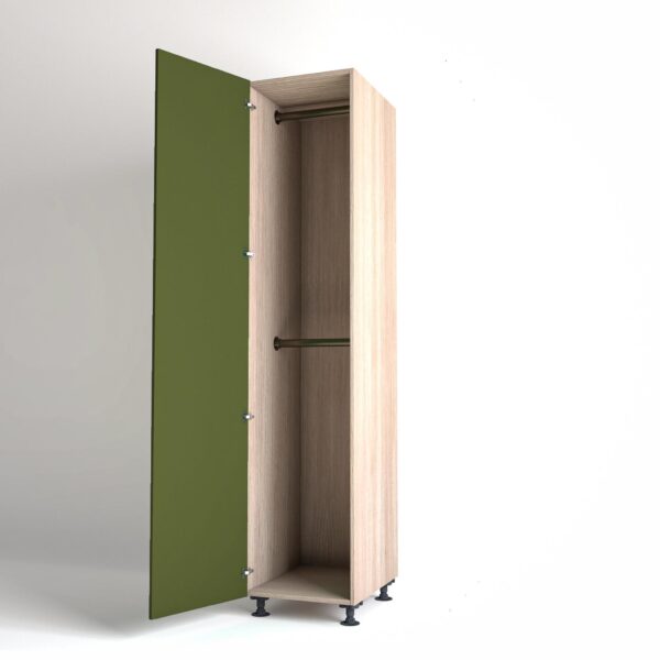 50cm single left-hand door Wardrobe Unit by On-Trend Wardrobes. Light Oak carcass Finish, 2 x hanging rails and olive painted door in a white studio setting
