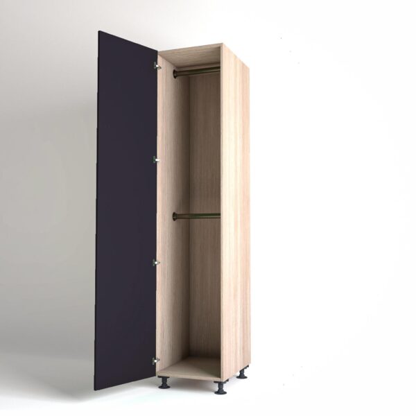 50cm single left-hand door Wardrobe Unit by On-Trend Wardrobes. Light Oak carcass Finish, 2 x hanging rails and plum painted door in a white studio setting