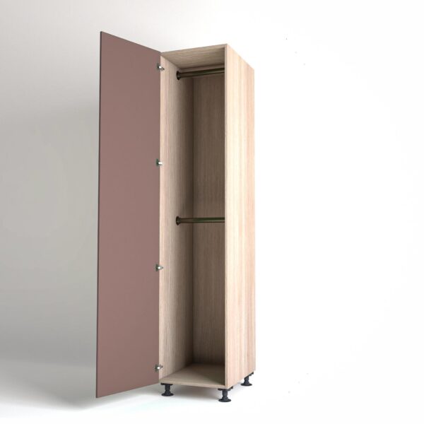 50cm single left-hand door Wardrobe Unit by On-Trend Wardrobes. Light Oak carcass Finish, 2 x hanging rails and blush pink painted door in a white studio setting