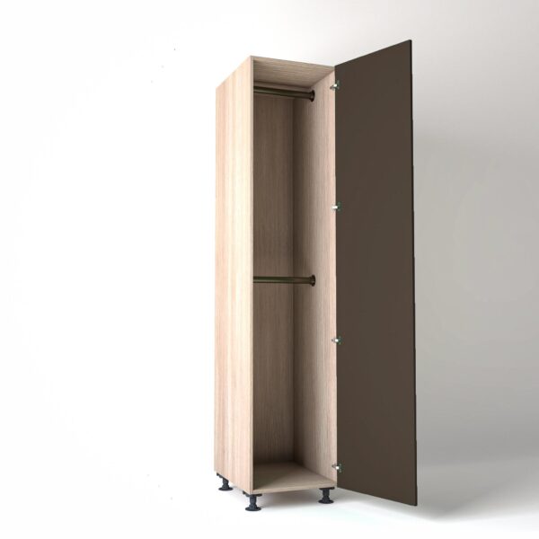 50cm single right-hand door Wardrobe Unit by On-Trend Wardrobes. Light Oak carcass Finish, 2 x hanging rails and clay painted door in a white studio setting