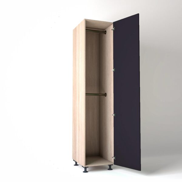 50cm single right-hand door Wardrobe Unit by On-Trend Wardrobes. Light Oak carcass Finish, 2 x hanging rails and plum painted door in a white studio setting