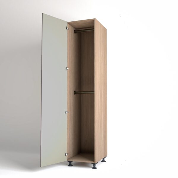 50cm single left-hand door Wardrobe Unit by On-Trend Wardrobes. Mid Oak carcass Finish, 2 x hanging rails and grey painted door in a white studio setting
