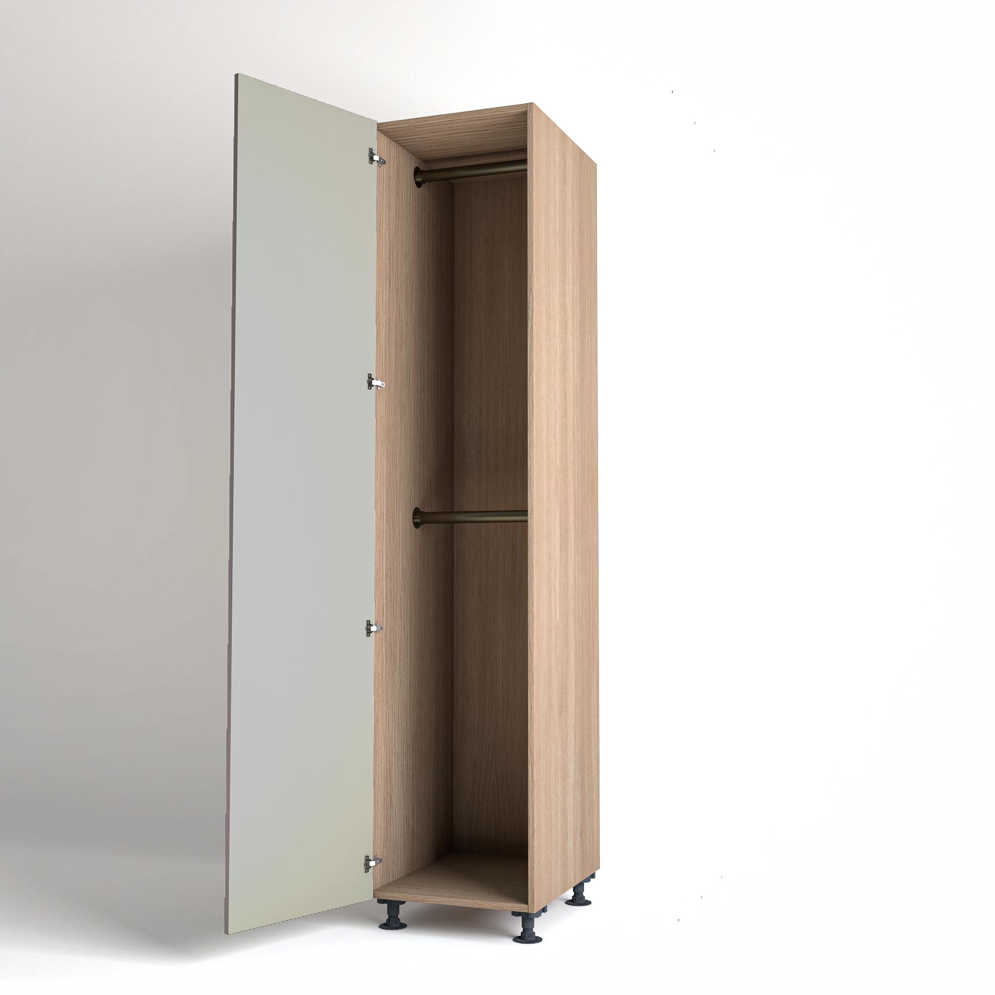 50cm single left-hand door Wardrobe Unit by On-Trend Wardrobes. Mid Oak carcass Finish, 2 x hanging rails and grey painted door in a white studio setting