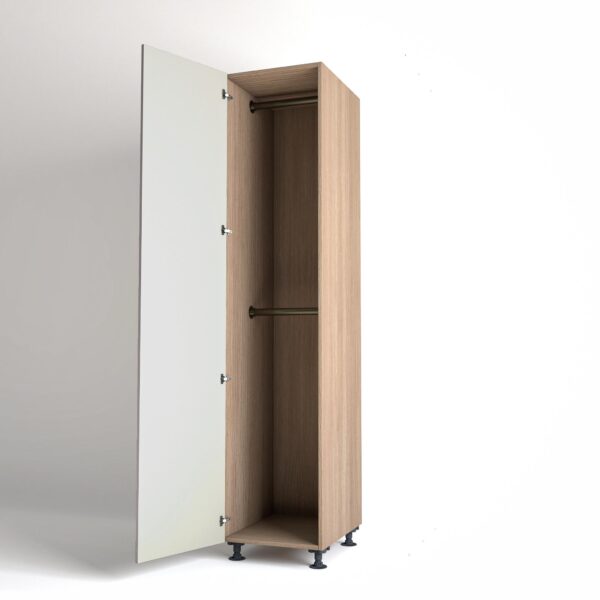 50cm single left-hand door Wardrobe Unit by On-Trend Wardrobes. Mid Oak carcass Finish, 2 x hanging rails and light grey painted door in a white studio setting