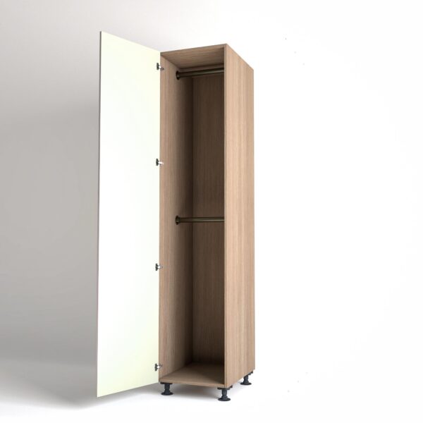 50cm single left-hand door Wardrobe Unit by On-Trend Wardrobes. Mid Oak carcass Finish, 2 x hanging rails and off-white painted door in a white studio setting