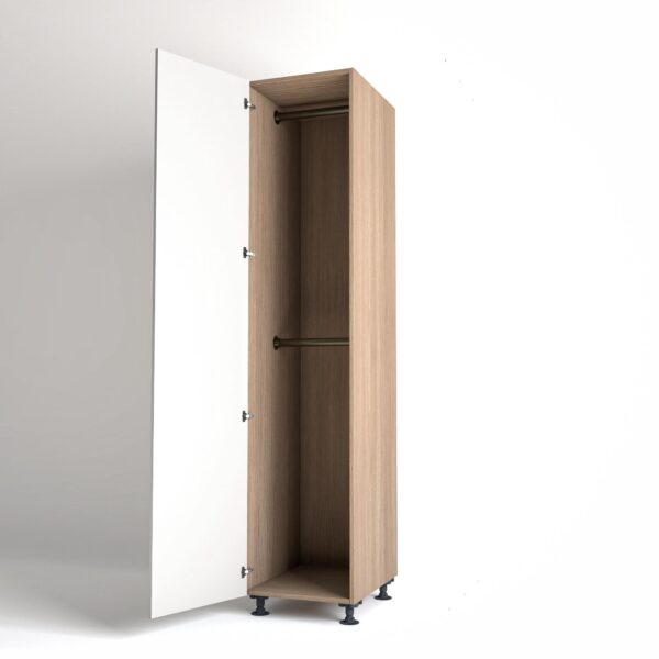 50cm single left-hand door Wardrobe Unit by On-Trend Wardrobes. Mid Oak carcass Finish, 2 x hanging rails and white painted door in a white studio setting