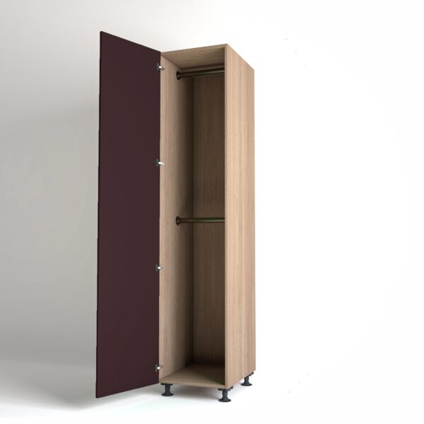 50cm single left-hand door Wardrobe Unit by On-Trend Wardrobes. Mid Oak carcass Finish, 2 x hanging rails and wine painted door in a white studio setting