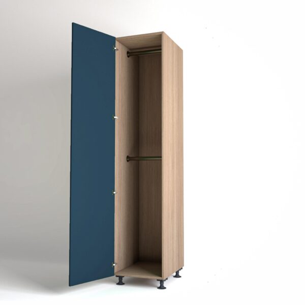 50cm single left-hand door Wardrobe Unit by On-Trend Wardrobes. Mid Oak carcass Finish, 2 x hanging rails and blue painted door in a white studio setting