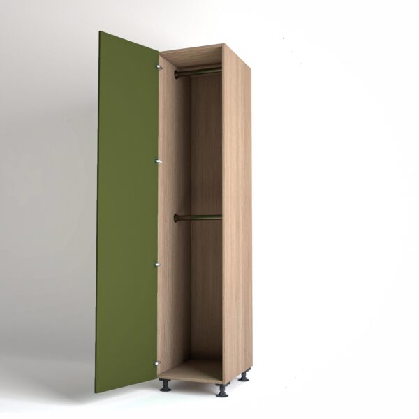 50cm single left-hand door Wardrobe Unit by On-Trend Wardrobes. Mid Oak carcass Finish, 2 x hanging rails and olive painted door in a white studio setting