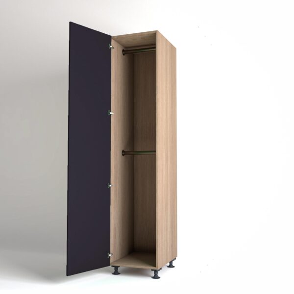 50cm single left-hand door Wardrobe Unit by On-Trend Wardrobes. Mid Oak carcass Finish, 2 x hanging rails and plum painted door in a white studio setting