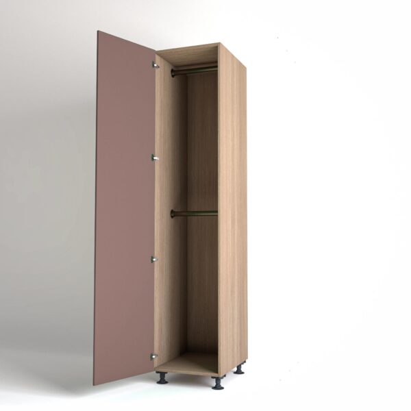 50cm single left-hand door Wardrobe Unit by On-Trend Wardrobes. Mid Oak carcass Finish, 2 x hanging rails and blush pink painted door in a white studio setting