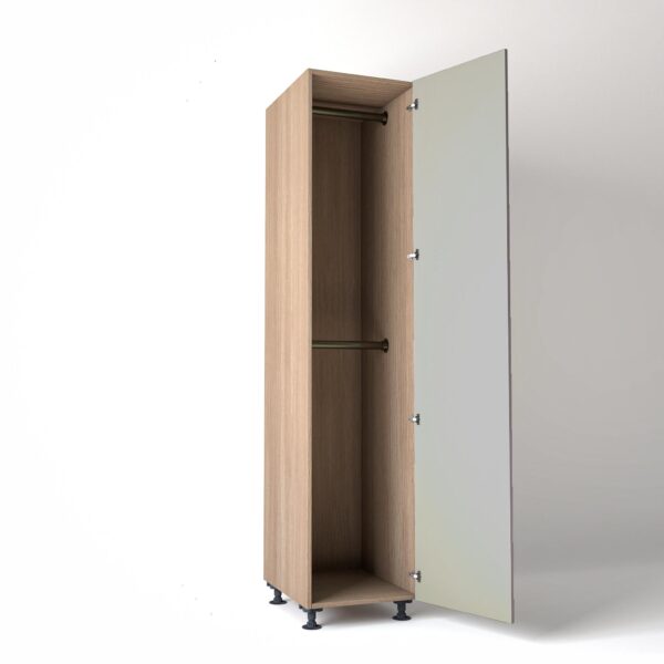 50cm single right-hand door Wardrobe Unit by On-Trend Wardrobes. mid Oak carcass Finish, 2 x hanging rails and grey painted door in a white studio setting