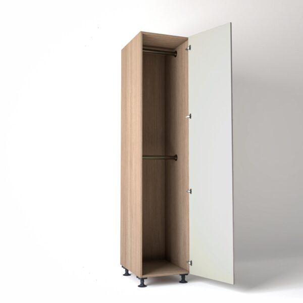 50cm single right-hand door Wardrobe Unit by On-Trend Wardrobes. mid Oak carcass Finish, 2 x hanging rails and light grey painted door in a white studio setting