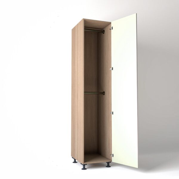50cm single right-hand door Wardrobe Unit by On-Trend Wardrobes. mid Oak carcass Finish, 2 x hanging rails and off-white painted door in a white studio setting