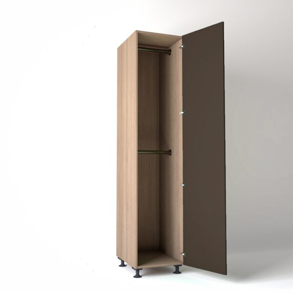 50cm single right-hand door Wardrobe Unit by On-Trend Wardrobes. mid Oak carcass Finish, 2 x hanging rails and clay painted door in a white studio setting