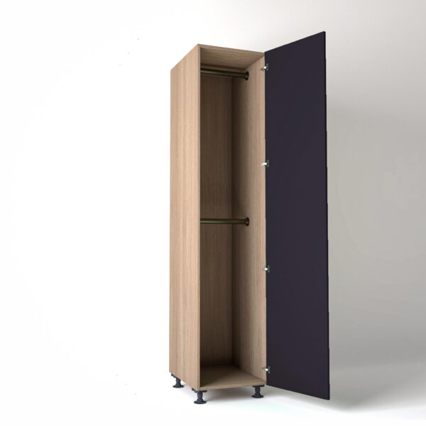 50cm single right-hand door Wardrobe Unit by On-Trend Wardrobes. mid Oak carcass Finish, 2 x hanging rails and plum painted door in a white studio setting