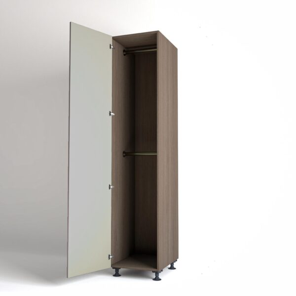 50cm single left-hand door Wardrobe Unit by On-Trend Wardrobes. Grey Oak carcass Finish, 2 x hanging rails and grey painted door in a white studio setting