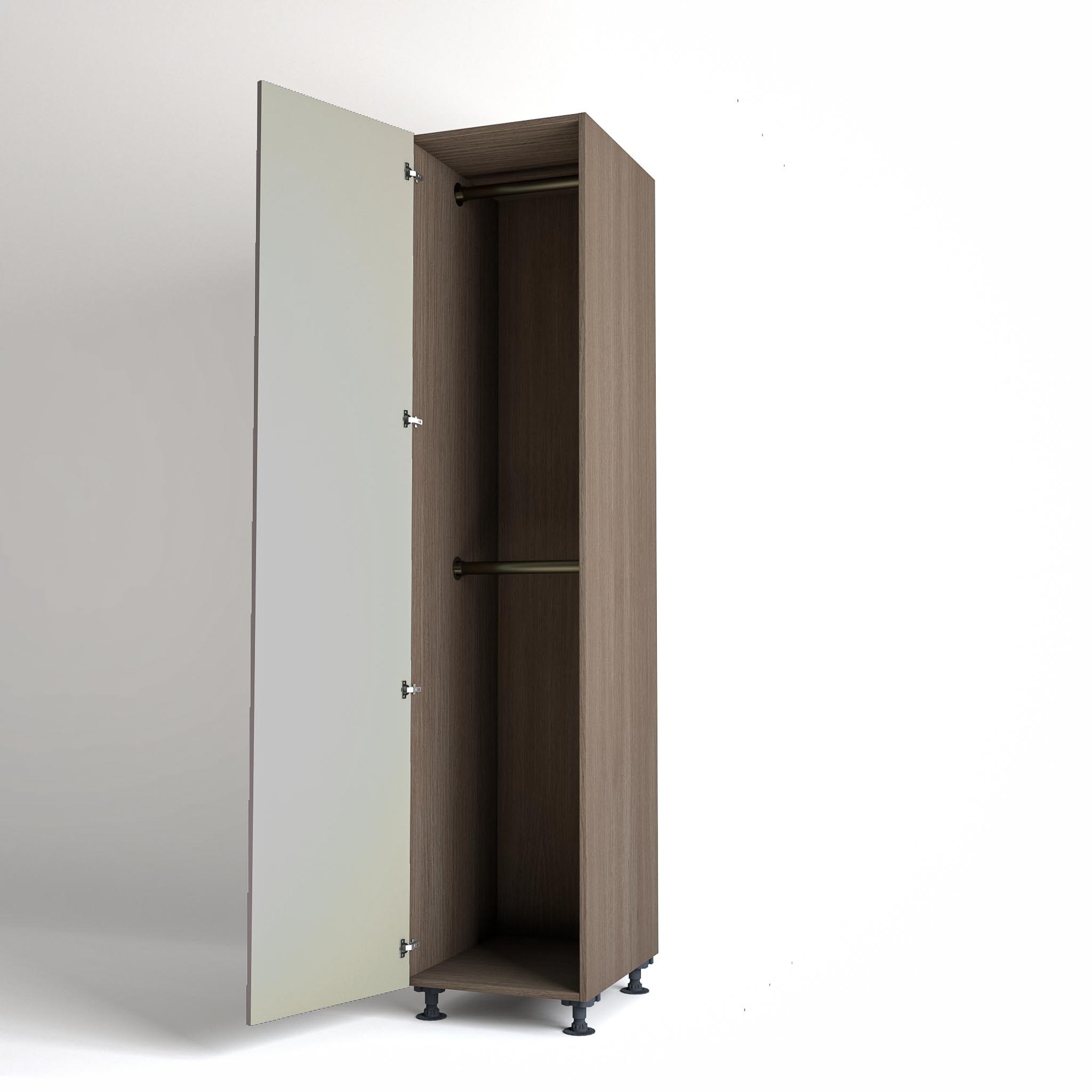 50cm single left-hand door Wardrobe Unit by On-Trend Wardrobes. Grey Oak carcass Finish, 2 x hanging rails and grey painted door in a white studio setting