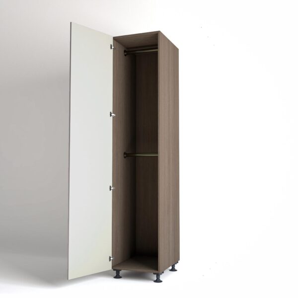 50cm single left-hand door Wardrobe Unit by On-Trend Wardrobes. Grey Oak carcass Finish, 2 x hanging rails and light grey painted door in a white studio setting