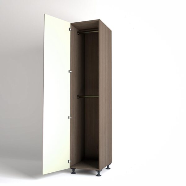 50cm single left-hand door Wardrobe Unit by On-Trend Wardrobes. Grey Oak carcass Finish, 2 x hanging rails and off-white painted door in a white studio setting