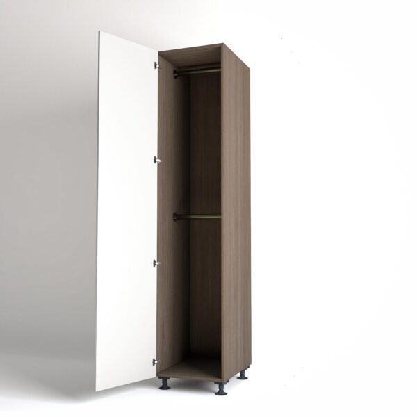 50cm single left-hand door Wardrobe Unit by On-Trend Wardrobes. Grey Oak carcass Finish, 2 x hanging rails and white painted door in a white studio setting
