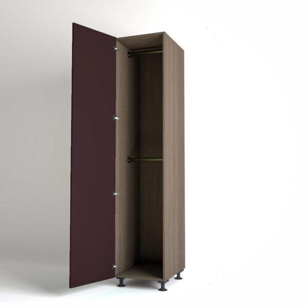 50cm single left-hand door Wardrobe Unit by On-Trend Wardrobes. Grey Oak carcass Finish, 2 x hanging rails and wine painted door in a white studio setting