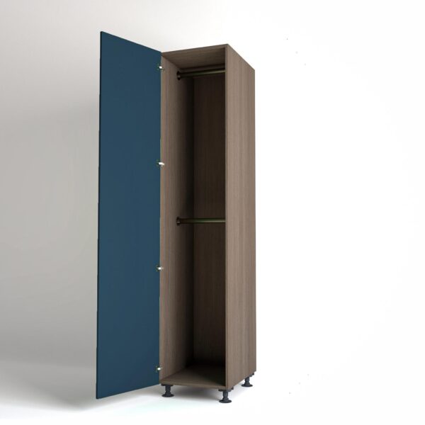 50cm single left-hand door Wardrobe Unit by On-Trend Wardrobes. Grey Oak carcass Finish, 2 x hanging rails and blue painted door in a white studio setting