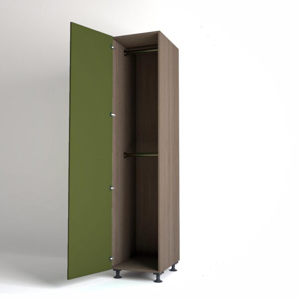 50cm single left-hand door Wardrobe Unit by On-Trend Wardrobes. Grey Oak carcass Finish, 2 x hanging rails and olive painted door in a white studio setting