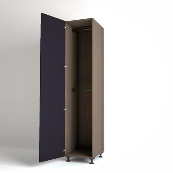 50cm single left-hand door Wardrobe Unit by On-Trend Wardrobes. Grey Oak carcass Finish, 2 x hanging rails and plum painted door in a white studio setting