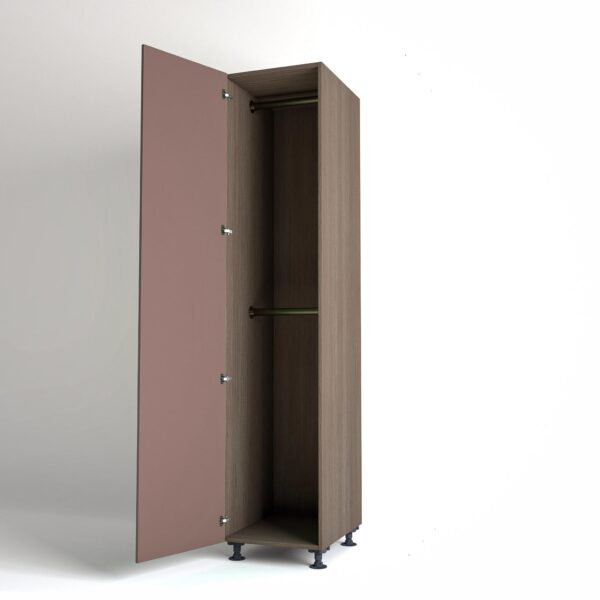 50cm single left-hand door Wardrobe Unit by On-Trend Wardrobes. Grey Oak carcass Finish, 2 x hanging rails and blush pink painted door in a white studio setting