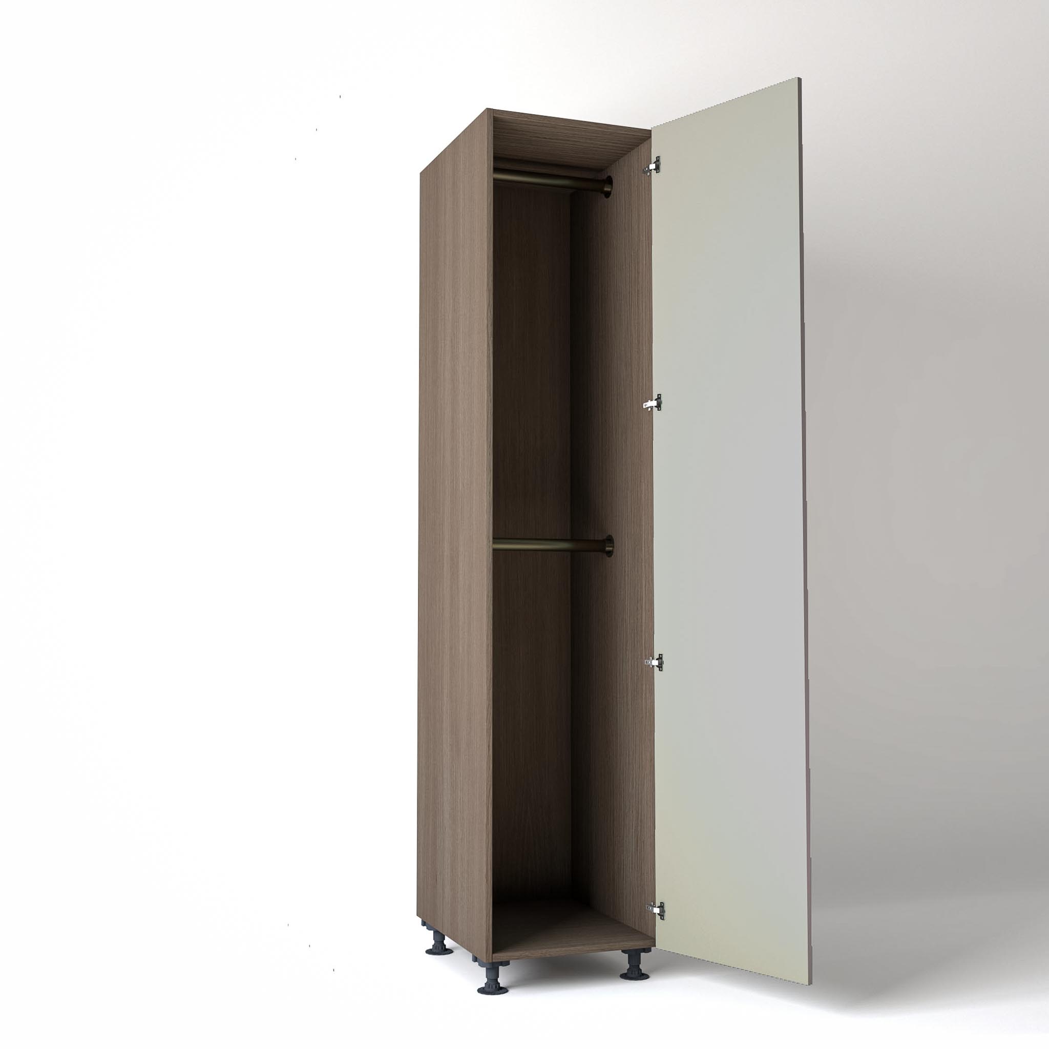 50cm single right-hand door Wardrobe Unit by On-Trend Wardrobes. Grey Oak carcass Finish, 2 x hanging rails and grey painted door in a white studio setting