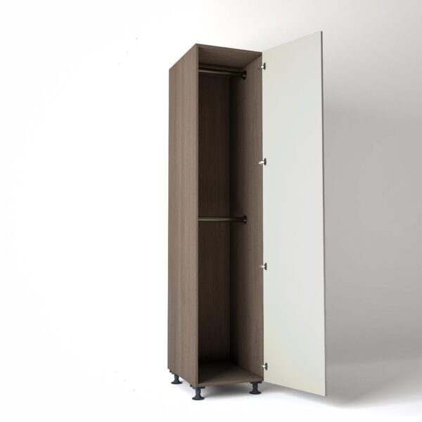 50cm single right-hand door Wardrobe Unit by On-Trend Wardrobes. Grey Oak carcass Finish, 2 x hanging rails and light grey painted door in a white studio setting