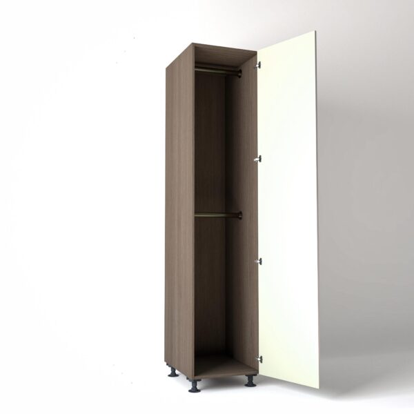 50cm single right-hand door Wardrobe Unit by On-Trend Wardrobes. Grey Oak carcass Finish, 2 x hanging rails and off-white painted door in a white studio setting