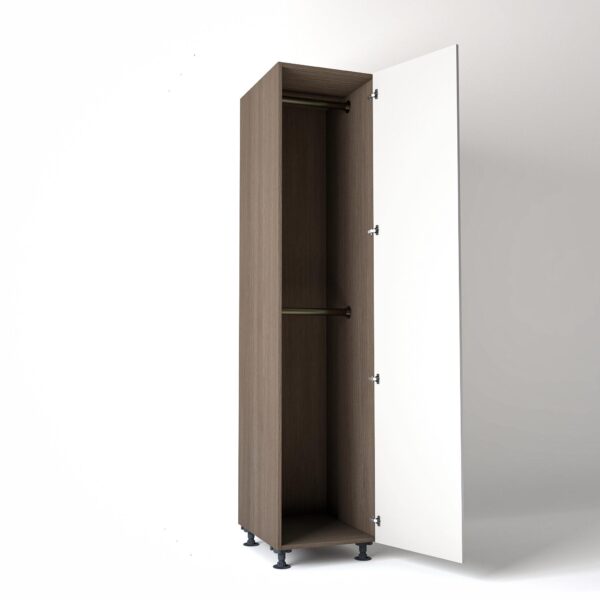 50cm single right-hand door Wardrobe Unit by On-Trend Wardrobes. Grey Oak carcass Finish, 2 x hanging rails and white painted door in a white studio setting