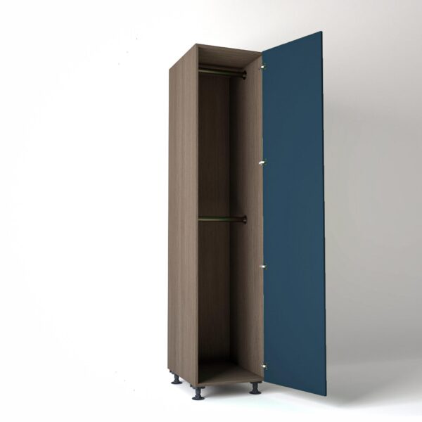 50cm single right-hand door Wardrobe Unit by On-Trend Wardrobes. Grey Oak carcass Finish, 2 x hanging rails and blue painted door in a white studio setting