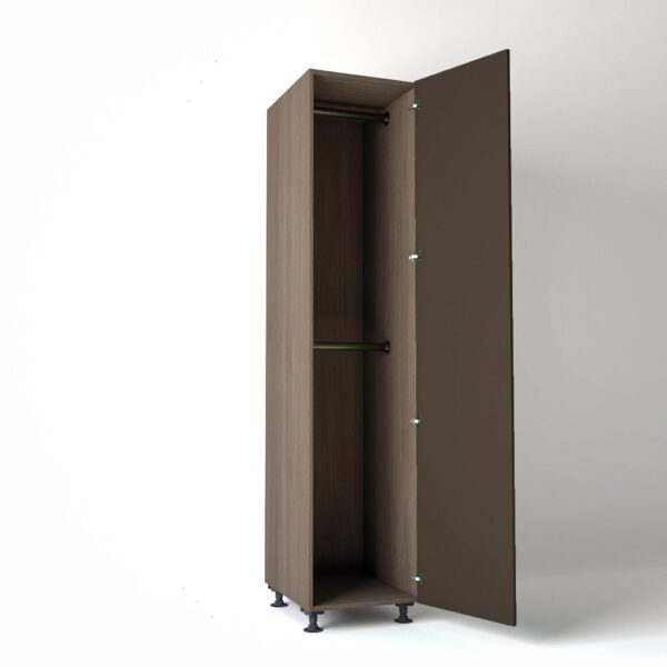 50cm single right-hand door Wardrobe Unit by On-Trend Wardrobes. Grey Oak carcass Finish, 2 x hanging rails and clay painted door in a white studio setting