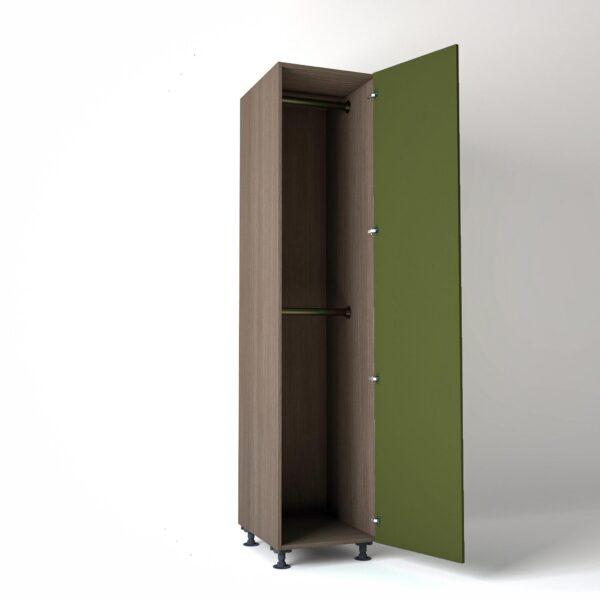 50cm single right-hand door Wardrobe Unit by On-Trend Wardrobes. Grey Oak carcass Finish, 2 x hanging rails and olive painted door in a white studio setting