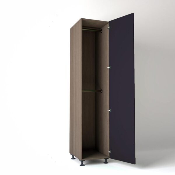 50cm single right-hand door Wardrobe Unit by On-Trend Wardrobes. Grey Oak carcass Finish, 2 x hanging rails and plum painted door in a white studio setting