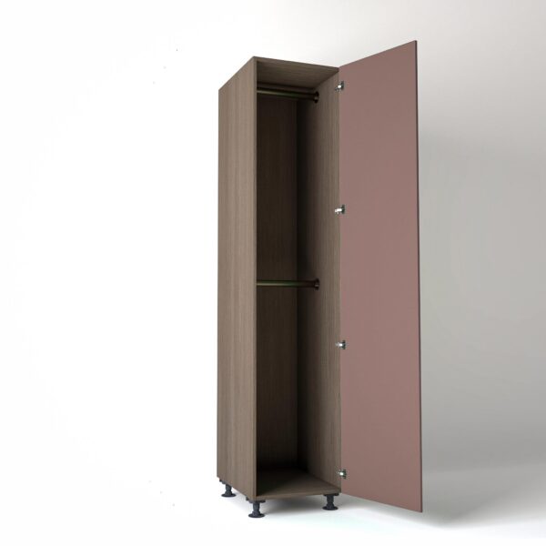 50cm single right-hand door Wardrobe Unit by On-Trend Wardrobes. Grey Oak carcass Finish, 2 x hanging rails and blush pink painted door in a white studio setting