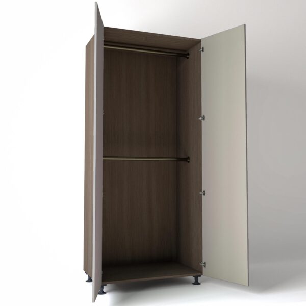 Freestanding open Wardrobe Unit by On-Trend Wardrobes in Grey Oak carcass Finish, 2 x hanging rails and grey painted doors in a white studio setting