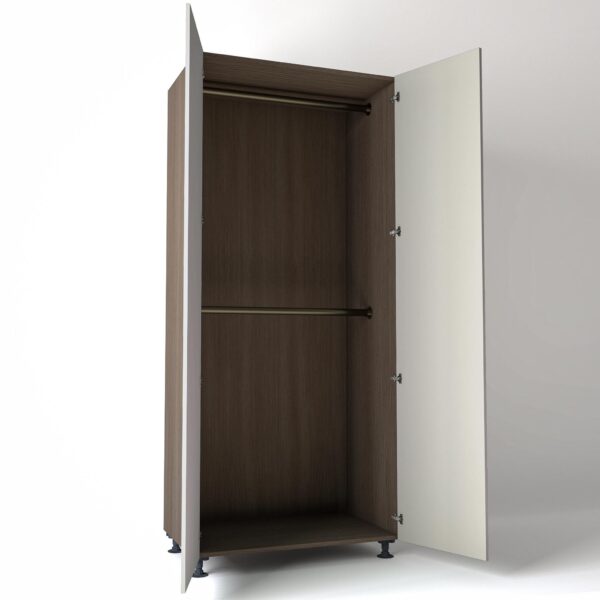 Freestanding open Wardrobe Unit by On-Trend Wardrobes in Grey Oak carcass Finish, 2 x hanging rails and light grey painted doors in a white studio setting