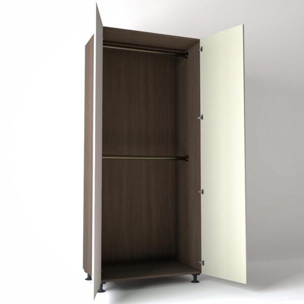 Freestanding open Wardrobe Unit by On-Trend Wardrobes in Grey Oak carcass Finish, 2 x hanging rails and off-white painted doors in a white studio setting