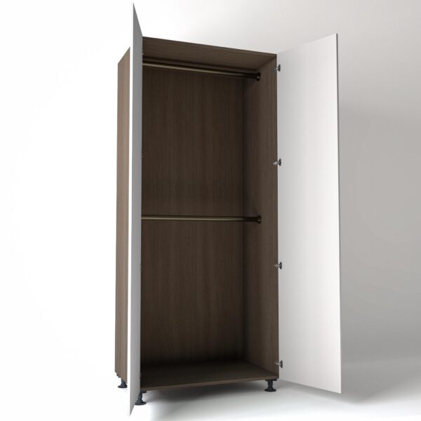 Freestanding open Wardrobe Unit by On-Trend Wardrobes in Grey Oak carcass Finish, 2 x hanging rails and white painted doors in a white studio setting