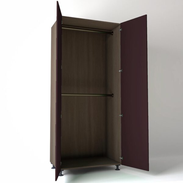 Freestanding open Wardrobe Unit by On-Trend Wardrobes in Grey Oak carcass Finish, 2 x hanging rails and wine painted doors in a white studio setting