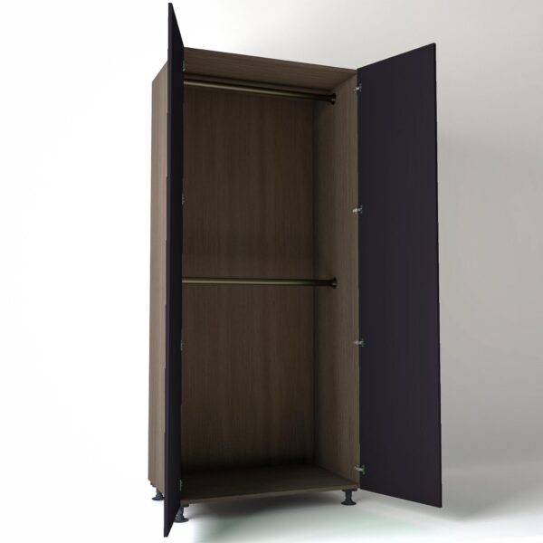 Freestanding open Wardrobe Unit by On-Trend Wardrobes in Grey Oak carcass Finish, 2 x hanging rails and plum painted doors in a white studio setting