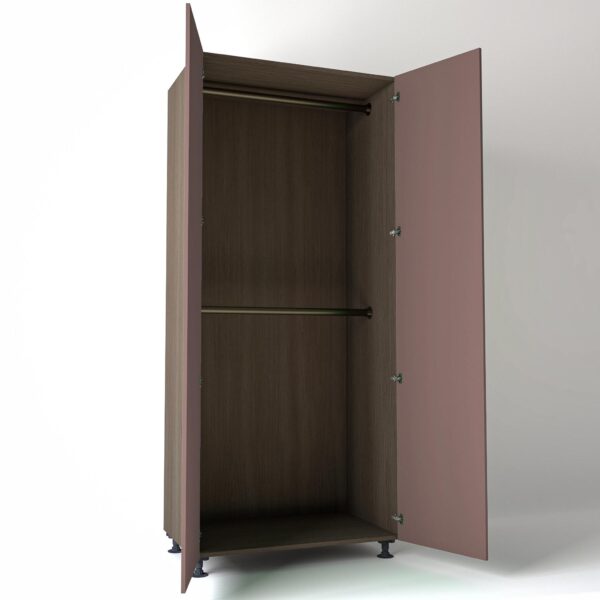 Freestanding open Wardrobe Unit by On-Trend Wardrobes in Grey Oak carcass Finish, 2 x hanging rails and blush pink painted doors in a white studio setting